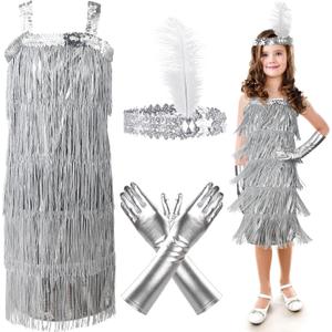 4 Pieces Girl's 20s Flapper Dresses Costume Set Feather Headband Fringed Dresses Gloves for Halloween Party