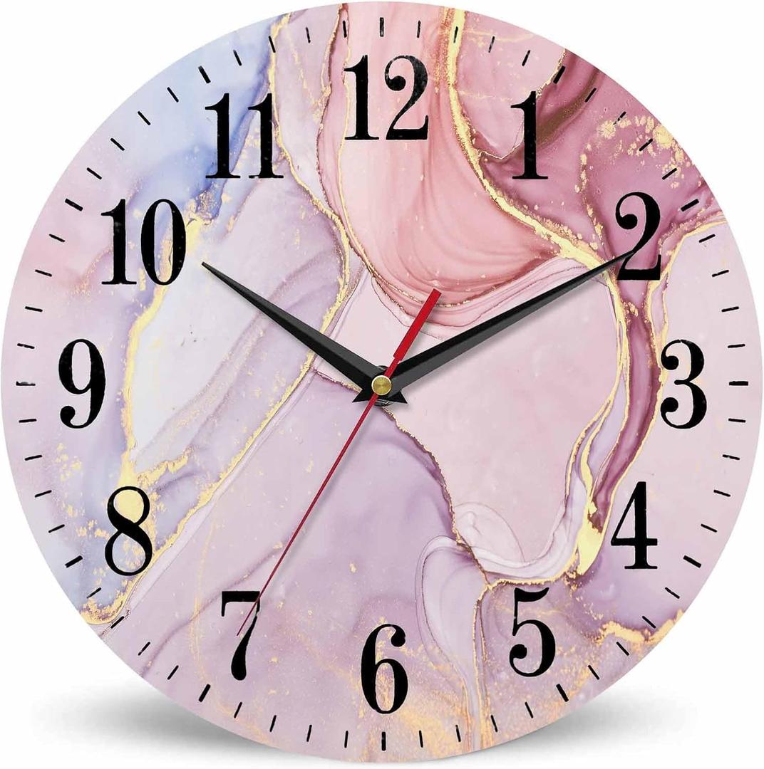 Mxocom Pink Fluid Art Painting Wall Clock Luxury Abstract Transparent Waves and Golden Swirls 10 Inch Silent Non Ticking Battery Operated clock Vintage Round clock for living room Bedroom Office decor
