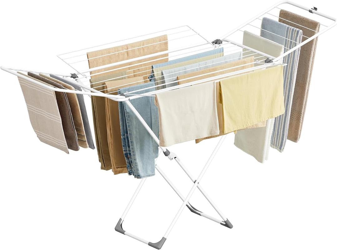SONGMICS Clothes Drying Rack, Metal Laundry Drying Rack, Foldable, Space-Saving, Free-Standing Airer, with 4 Gullwings, Indoor Outdoor Use, Bed Linen Clothing, White ULLR541W01