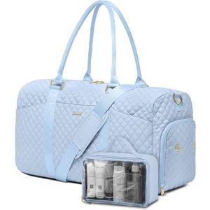 Women Duffle Weekender Travel Bag: Large Duffel Bags with Shoe Compartment Carry On Overnight Tote with Wet Pocket Traveling Weekend Gym Yoga Hospital Bag for Womens Light Blue