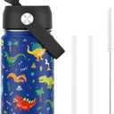 Fimibuke Kids Insulated Water Bottle, 14oz BPA FREE 18/8 Stainless Steel Travel Tumbler Double Wall Vacuum Leak Proof Kids Cup with Straw Metal Bottle for School Boys Girls(1 Pack, BLUE DINOSAUR)