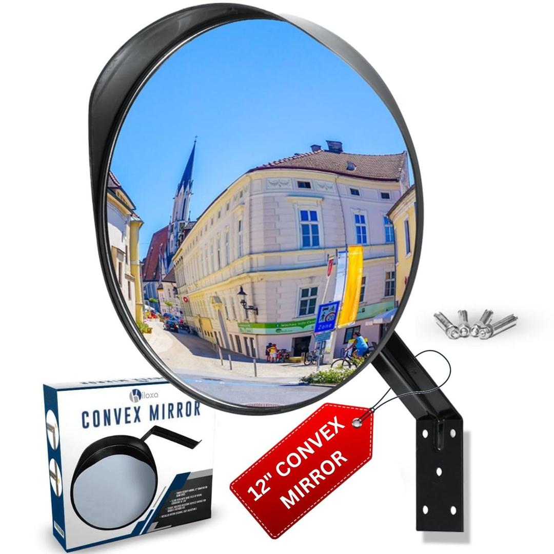 12" Convex Mirror Outdoor & Indoor  Acrylic Safety Traffic Mirror for Wall with Adjustable Swivel; 130 Concave Reflector for Blindspots; Curved Driveway & Parking Reflector for Garage