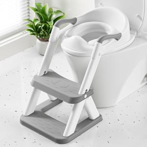Potty Training Toilet Seat with Steps, 2-in-1 Toddler Toilet Seat for Boys Girls with Splash Guard Soft Anti-Slip Pad,Grey