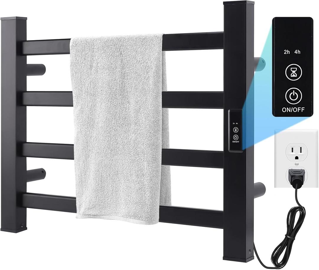 Towel Warmer Heated Towel Bar-Rack - Nopwer Bathroom Wall Mounted Electric Towel Drying Plug-in Matte Black 4 Bars