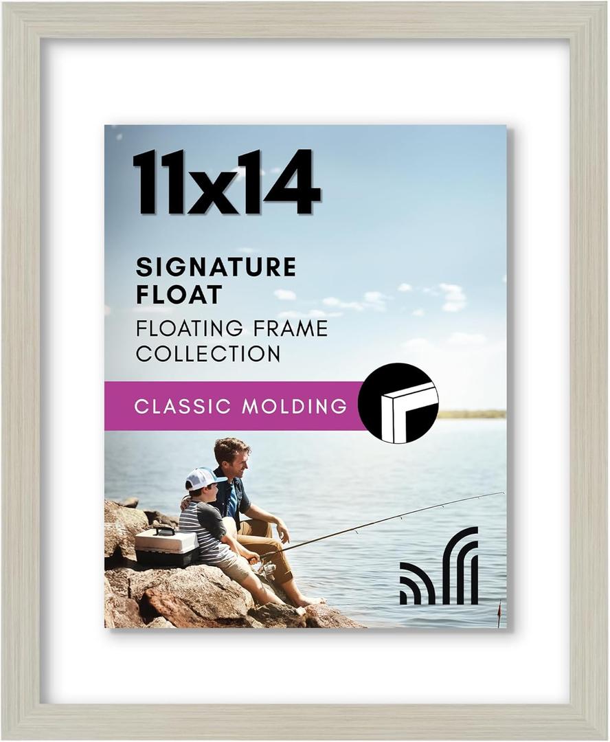 Americanflat 11x14 Floating Picture Frame with Polished Crystal-Clear Glass - Use as 8x10 Picture Frame or Display 5x7 Photo - Signature Float Collection - Photo Frames for Wall Display - Light Wood