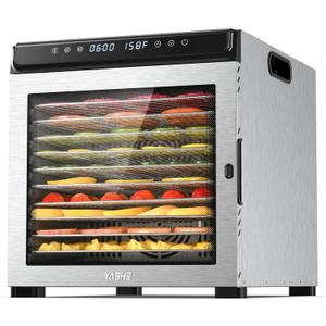 YASHE Food Dehydrator Machine, 10 Stainless Steel Food Dryer, 72H Timer and Temperature Control (95F-167F), 1100W Dehydrators for Food and Jerky, Herbs, Fruit, Dog Treats, Recipes Book Included (Silver)