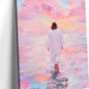 2 x Framed Pink Jesus Walking On Water Wall Art Christian Canvas Prints 12x16in, 16L"x12W" Canvas