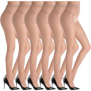 YAGAXI 20D Sheer Tights for Women - 6 Pairs Women's Control Top Pantyhose (Beige, XL)