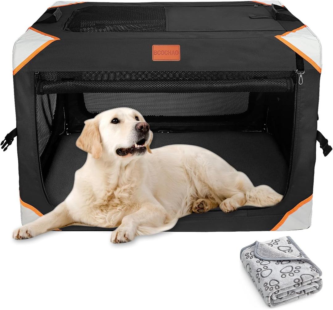 Collapsible Dog Crate-Portable Dog Crates for Large Dogs,4-Door Portable Pet Travel Crate,Sturdy/Breathable/Comfortable,Indoor & Outdoor & Car Back Seat;Soft Dog Blanket