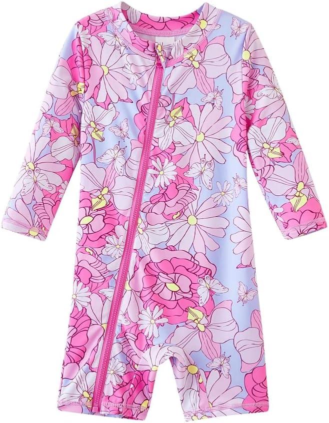 UMELOK Baby Girls' One Piece Swimsuit Full Zip UPF 50+ Sun Protection Swimwear Rash Guard Swim Suit (2-3T, Pink Flower)