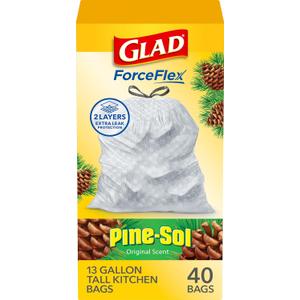 Glad ForceFlex Tall Kitchen Trash Bags, 13 Gallon, Pine-Sol Original, 40 Count (Package May Vary)