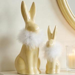 RM ROOMERS 2PCS Easter Bunny Figurine Decoration, Yellow Ceramic Rabbit Statues with White Fluff on Neck, Porcelain Bunnies Spring Gifts for Indoor Tabletop Home Aesthetic Decor Farmhouse Wedding