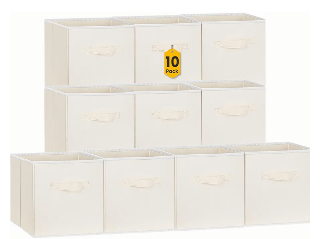 Criusia Storage Cubes, 11 Inch Clothes Storage Bins with Dual Handles (10 Pack), Fabric Collapsible Storage Bins for Shelves Closet, Cubby Organizer Bins for Clothing Toys Blanket Yarns (Beige)