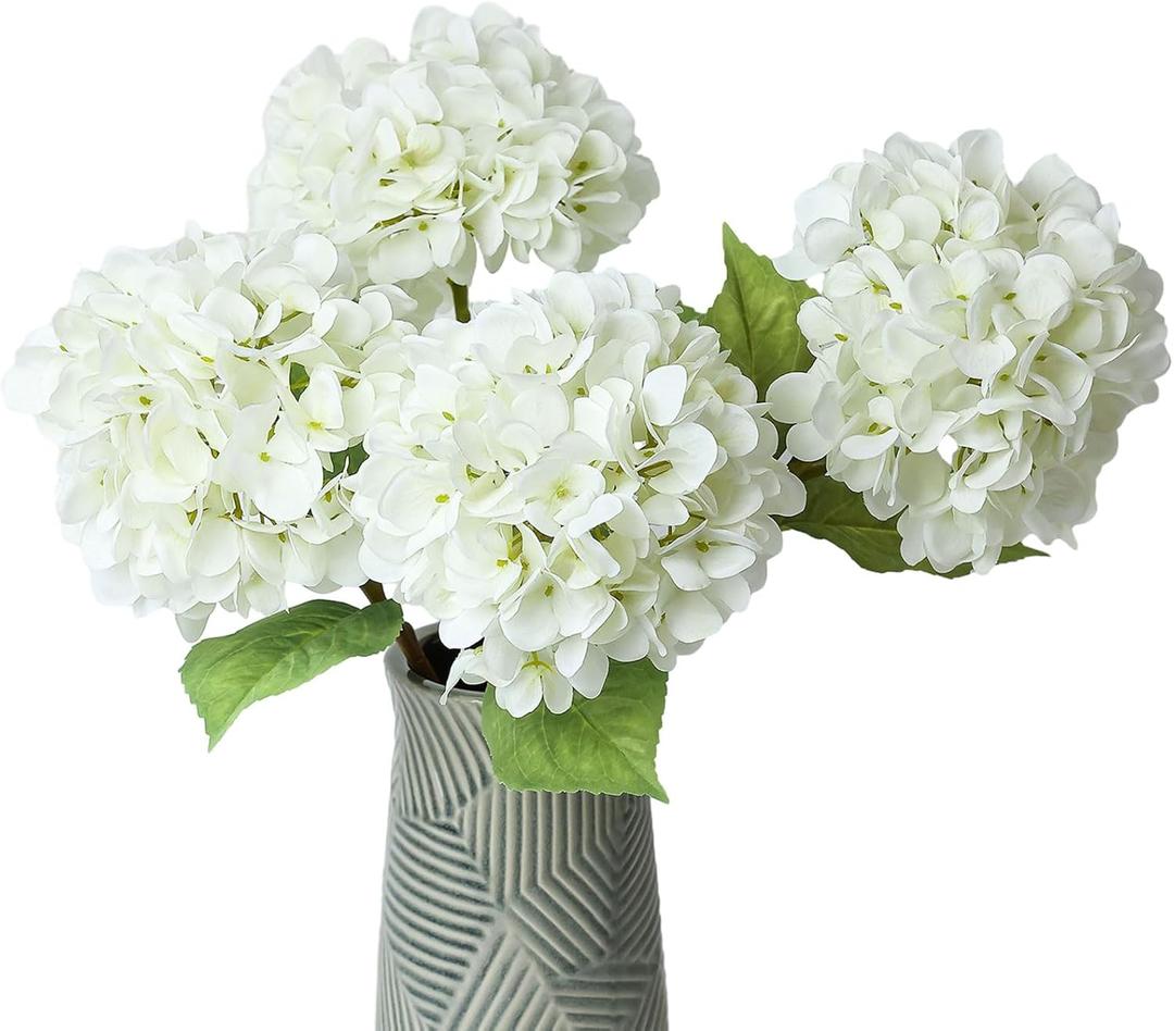 mizii 4Pcs White Artificial Hydrangea Flowers Large Fake Silk Hydrangea Flower with Leaves Stems Realistic Faux Hydrangeas Decorations for Wedding Table Centerpieces Vase Home Decor (White)