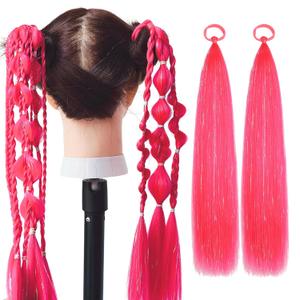Colored Hair Extensions Hot Pink Ponytail Extension 2 Packs, 20 inch Crazy Hair Day Accessories for Women, DIY Festival Wacky Rave Braids,Tinsel Mixed