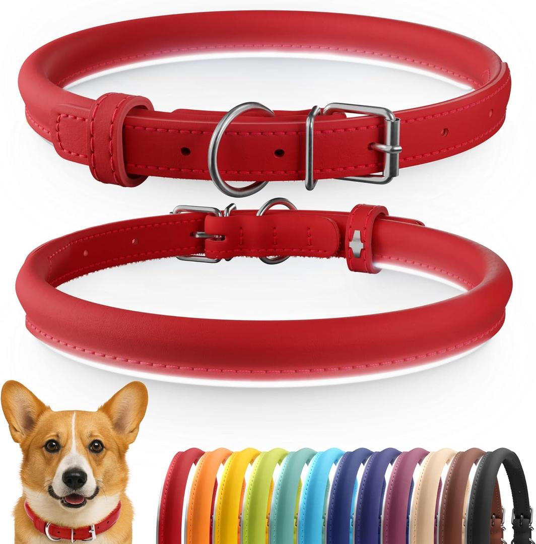 CollarDirect Reflective Rolled Leather Dog Collar, Soft Padded Round Puppy Collar, Handmade Genuine Leather Collar Dog Small Large Cat Collars 13 Colors (12-15 Inch, Red Smooth)