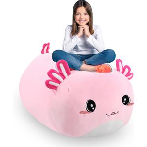 Stuffed Animal Storage Bean Bag Chair Cover for Kids Cute Large Beanbag Bedroom Dcor Organizer Cover, No Beans - Pink Axolotl