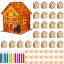 Spiareal 24 Sets DIY Wooden Christmas Gingerbread House Kit with LED Flameless Candles Watercolor Pens Christmas Crafts Wooden Houses to Paint Xmas Tree Ornaments for Fun Activity Art Project