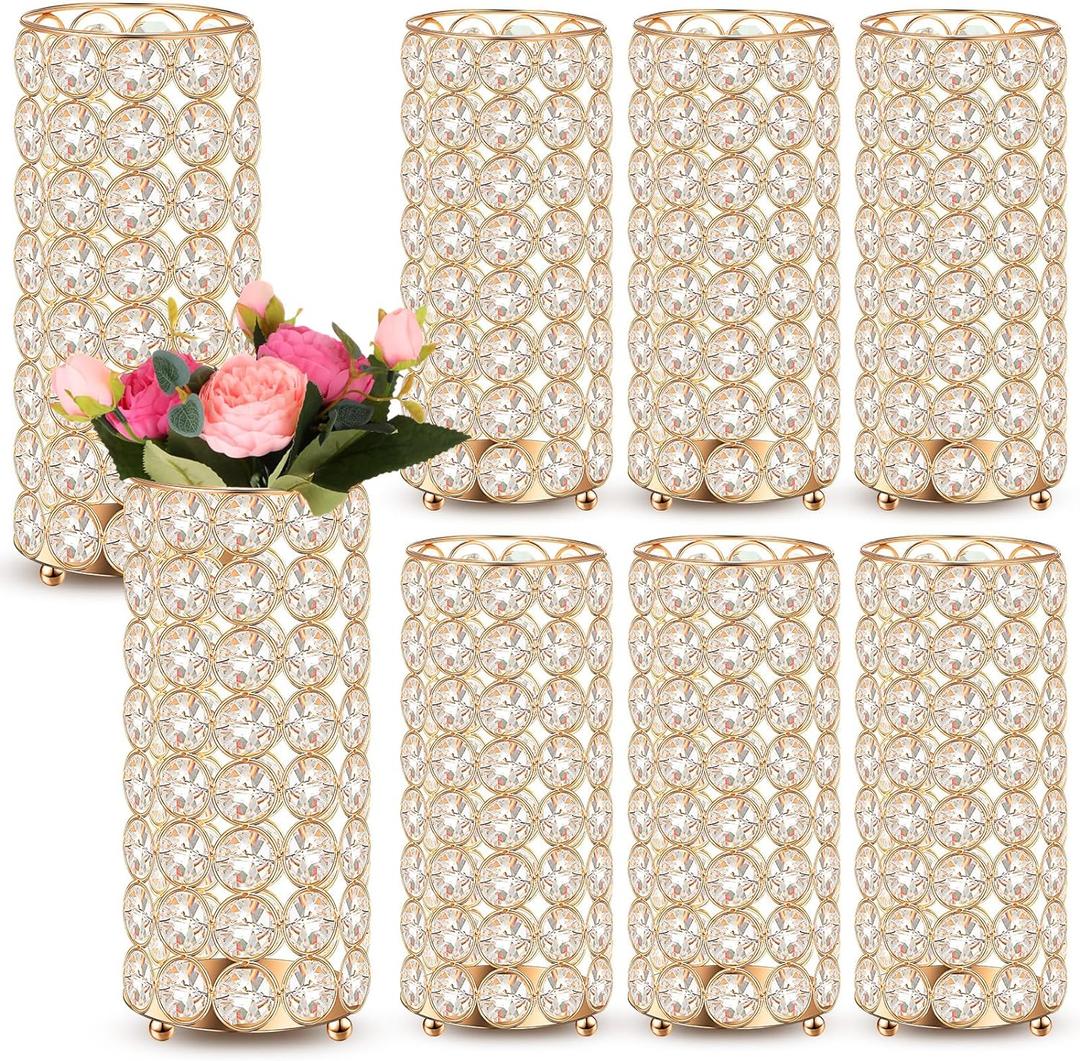 Dandat 8 Pcs Crystal Flower Vase for Wedding Table Centerpieces 7.87 in Crystal Pillar Candle Holder Metal Cylinder Flower Vase Stand for Wedding Decor Gifts Arrangement Event(Gold)