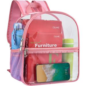 Paxiland Clear Backpack Stadium Approved 12126 with Reinforced and Wider Shoulder Straps, Small Clear Bag for Schools, Concerts, Work, Festivals and Sporting Events - Pink