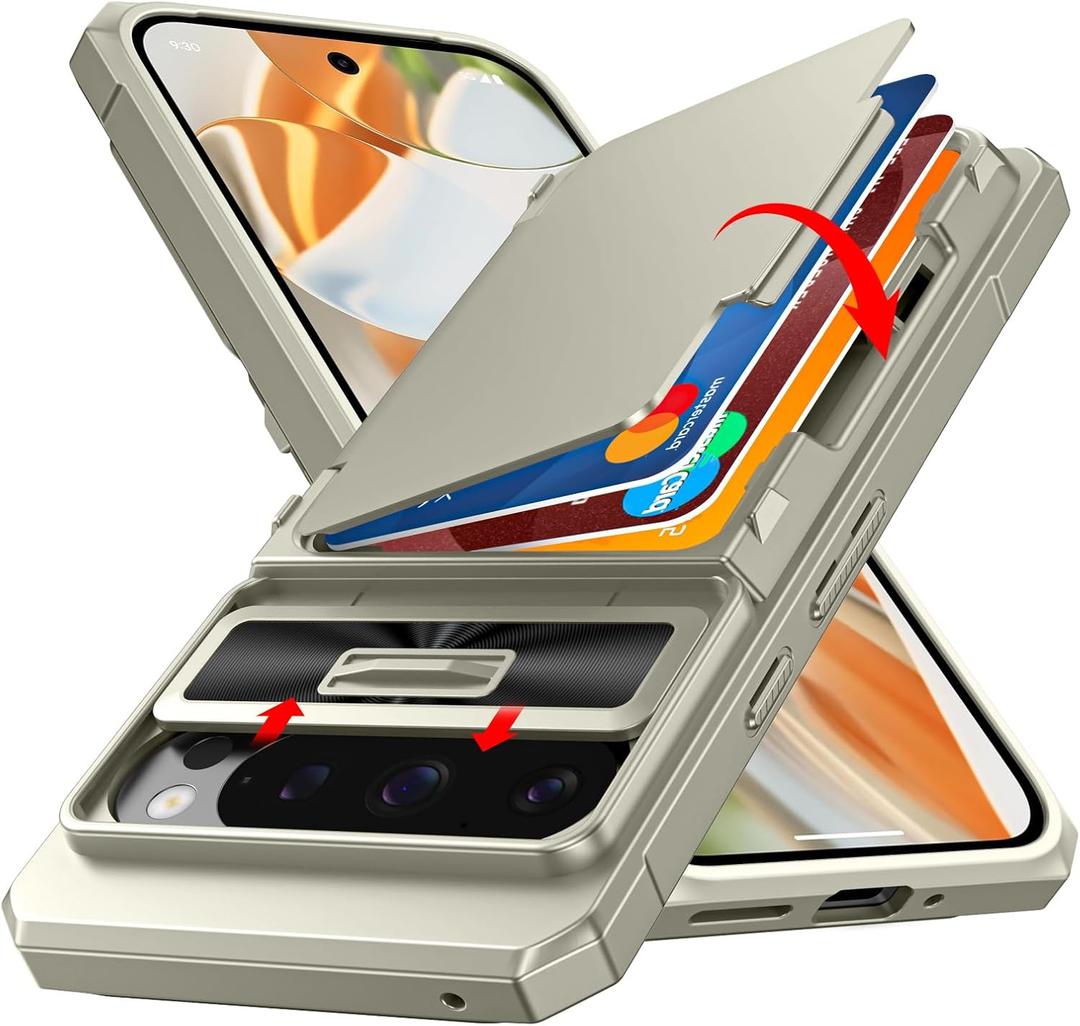 CENMASO for Google Pixel 9 Pro Case/Pixel 9 Case with Card Holder (4 Cards) & Sliding Camera Cover & KickstandRFID Blocking Full-Body Shockproof Wallet Phone Case for Pixel 9/9 Pro-Natural Titanium