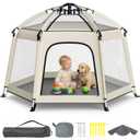Foldable Baby Playpen with Canopy: Durable 450D Oxford & Aluminum, Beige | Pop-Up Play Tent, Easy Setup, UPF50 Sun Protection, Lightweight, Mosquito Net, for Beach Travel Outside Indoor, for Kid & Pet