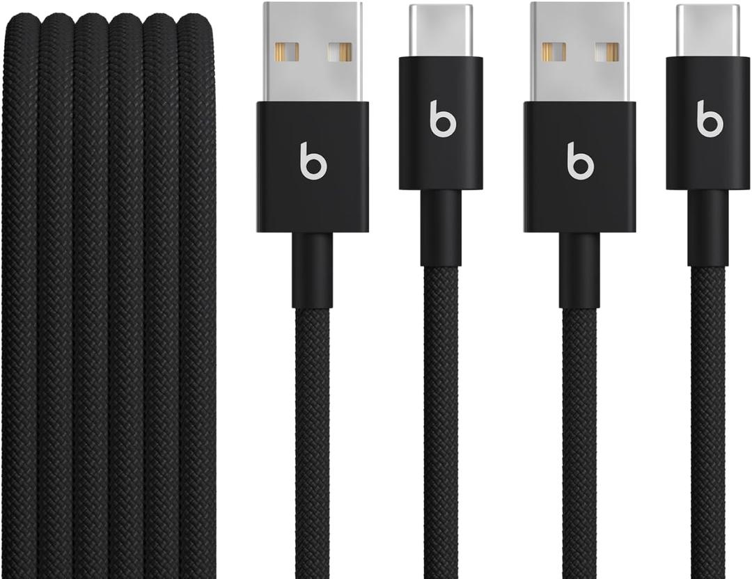 Beats USB-A to USB-C Woven Cable 2 Pack Fast Charging Durable/Tangle-Free Compatible Charger for Apple & Android Devices (1.5 m, 5 ft) - Bolt Black