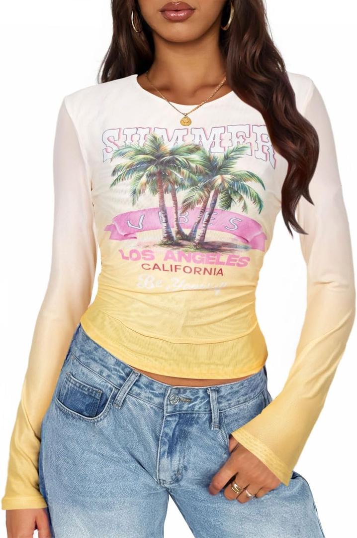 MOUSYA Summer Sheer Tops for Women Mesh Long Sleeve Top | Summer Sheer Tops for Women Mesh Long Sleeve Top See Through Sexy Going Out Tee Beach Palm Graphic Undershirt (L)