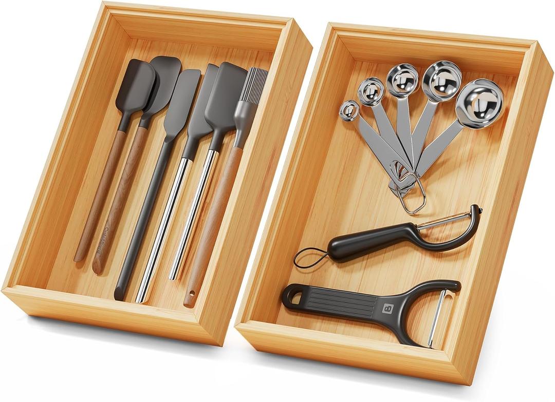 Bamboo Kitchen Drawer Organizer Boxes 9" x 6" Stackable Wood Silverware Utensil Tray for Drawers Bins, Cutlery & Flatware Storage Wooden Organizers Set of 2 for Junk Drawer, Bathroom, RV