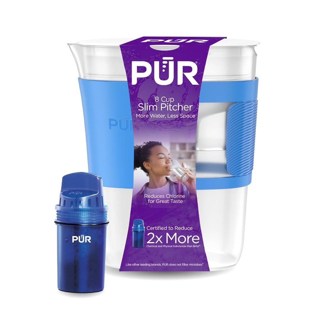 PUR Slim Water Filter Pitcher, 8-Cup Capacity, Compact Design for Dorms & Mini Fridges, Dishwasher Safe, Fast Filtration, Includes 1 Filter, Cleaner Great-Tasting Drinking Water, Blue