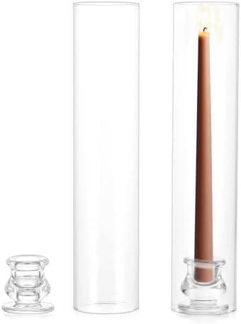 NUPTIO Taper Candle Holder Glass:Clear Hurricane Candlestick Holder - Fluted Candles Stick Stand with 12 inch Tall Windproof Cylinder Cover for Fireplace Dining Room Decor