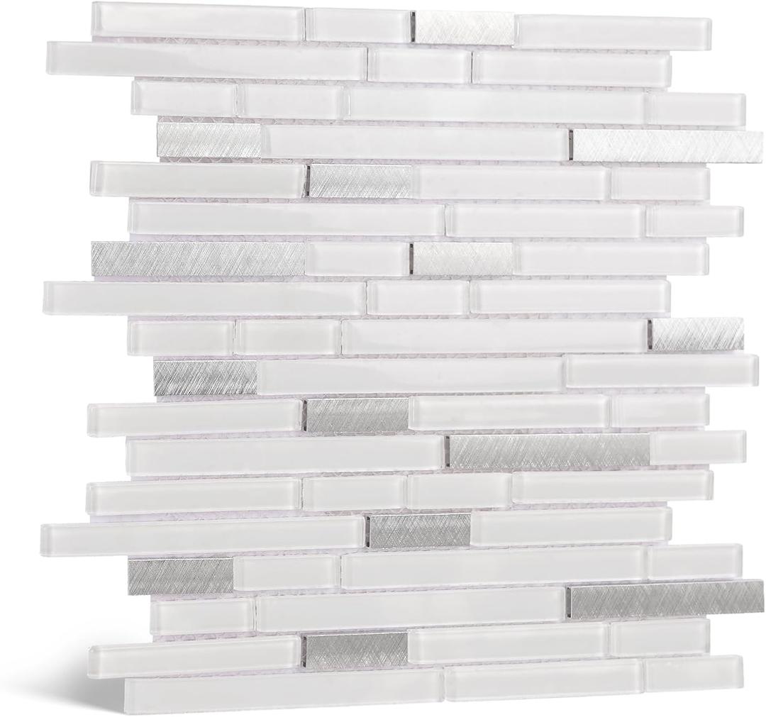 Glass Backsplash Tile, 5-Sheet Glass Mosaic Tiles Subway Tile Backsplash for Kitchen Wall Bathroom (5 Square Feet) (Glossy White)