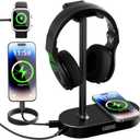 COZOO Headphone Stand with Fast Wireless Charging Pad and 2 USB Charging Ports, Suitable for Gaming, DJ, Wireless Earphone Accessories (Black)
