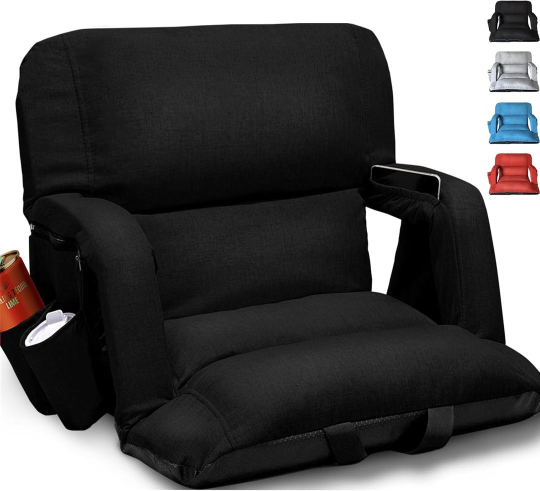 Wide Stadium Seats With Back Support, Exclusive "Sofa Style" Design Extra Thick Bleacher Chairs With Back and Cushion, 6 Reclining Positions - Ultimate Comfort for Sports Events (Black, 22.5")