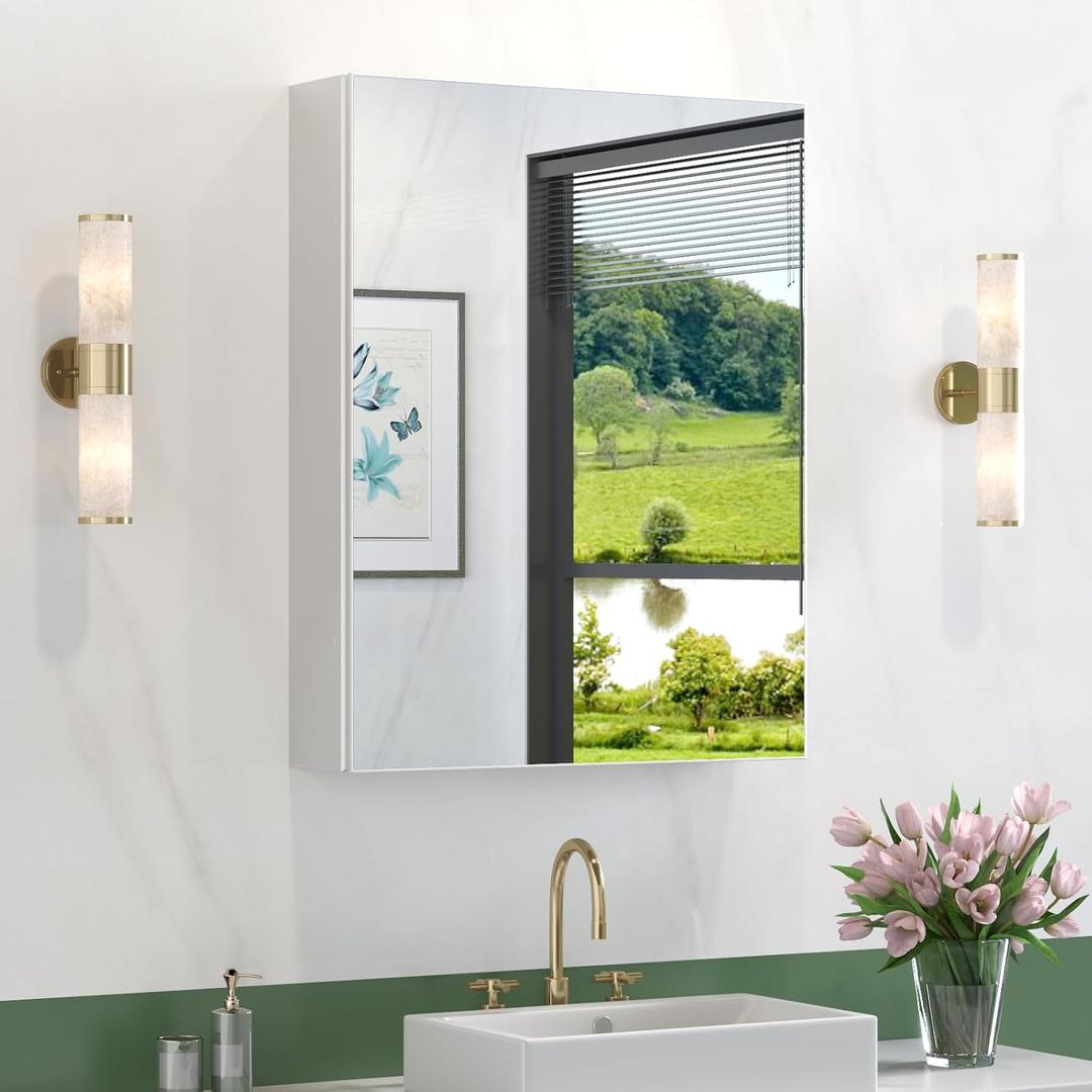 20" x 26" Aluminum Medicine Cabinet with Mirror, Only Wall Mount Medicine Cabinet for Bathroom, Modern Silver Mirrored Medicine Cabinet with Storage and 2 Adjustable Shelves, Tempered Glass