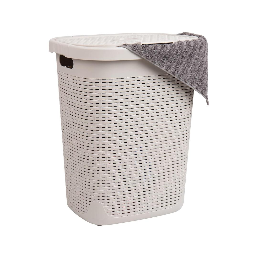 Mind Reader Slim Laundry Hamper with Lid, 50L Clothes Basket, Premium Wicker Design, Plastic, Ivory