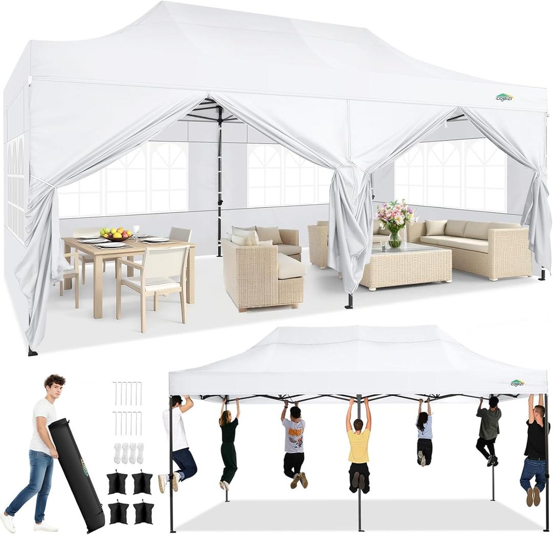 COBIZI 10x20 Heavy Duty Pop Up Canopy Tent with 6 Sidewalls Thicken Frame, Commercial Easy Up Outdoor Wedding Party Tents, All Season Waterproof Windproof with Stakes Sandbags Ropes Roller Bag, White