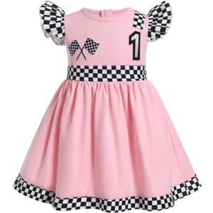 Kids Girls 1st 2nd Birthday Race Car Driver Costume Flutter Sleeve Ruffle Dress Racer Costume (12 Months, Pink 1 Year)