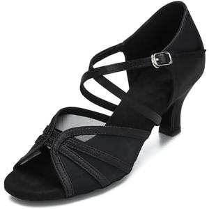 Women's Ballroom Dance Shoes Latin Salsa Dancing Shoes Cross Strap 2.5inch Heel 3inch Heel ZB04, Size 6.5