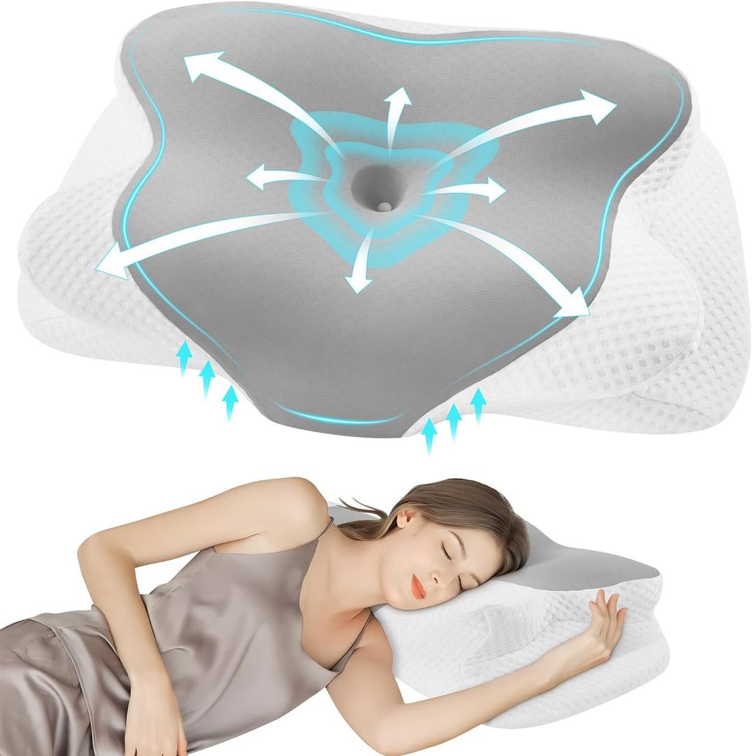 DONAMA Cervical Neck Pillow for Sleeping, Ergonomic Pillow for Neck and Shoulder Support, Contour Pillow for Side Back Stomach Sleepers, Memory Foam Pillow with Cooling Silk Pillowcase