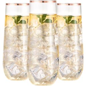 SUT 24PCS Rose Gold Champagne Flutes Plastic, 9oz Stemless Plastic Champagne Glasses, Rose Gold Rim Clear Toasting Glasses, Unbreakable, Shatterproof Mimosa Glasses, For Party,Shower