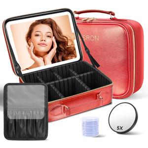 JUSRON Travel Makeup Bag With LED Mirror, Cosmetic Train Case with Light up Mirror, Portable Makeup Artist Organizer Bag with Adjustable Dividers, Makeup Brush Holder Storage (Red, Large)
