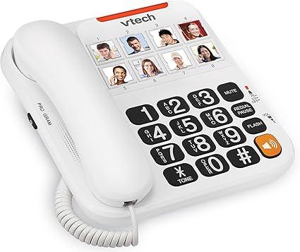 VTech Corded Senior Phone for Elderly with HighContrast Large Buttons, 8 Photo Speed Dial, Talking Digits, Visual Ringer, FullDuplex, No AC Power, Earpiece and Speakerphone Volume Control | SN1117