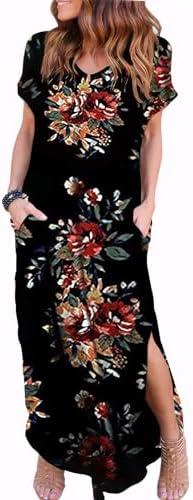 Zilcremo Women Summer Casual Maxi Dress Loose Pockets Short Sleeve Split Boho Dresses Apricot, L