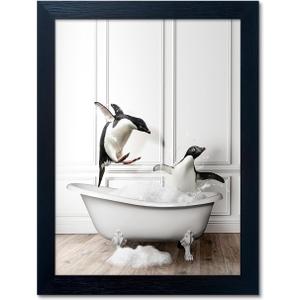 Kids Bathroom Wall Decor Funny Bathroom Wall Art Black and White Wall Decor Cute Penguins in Bathtub Canvas Print Painting Framed Farmhouse Animal Artwork (20"L x 16"W)
