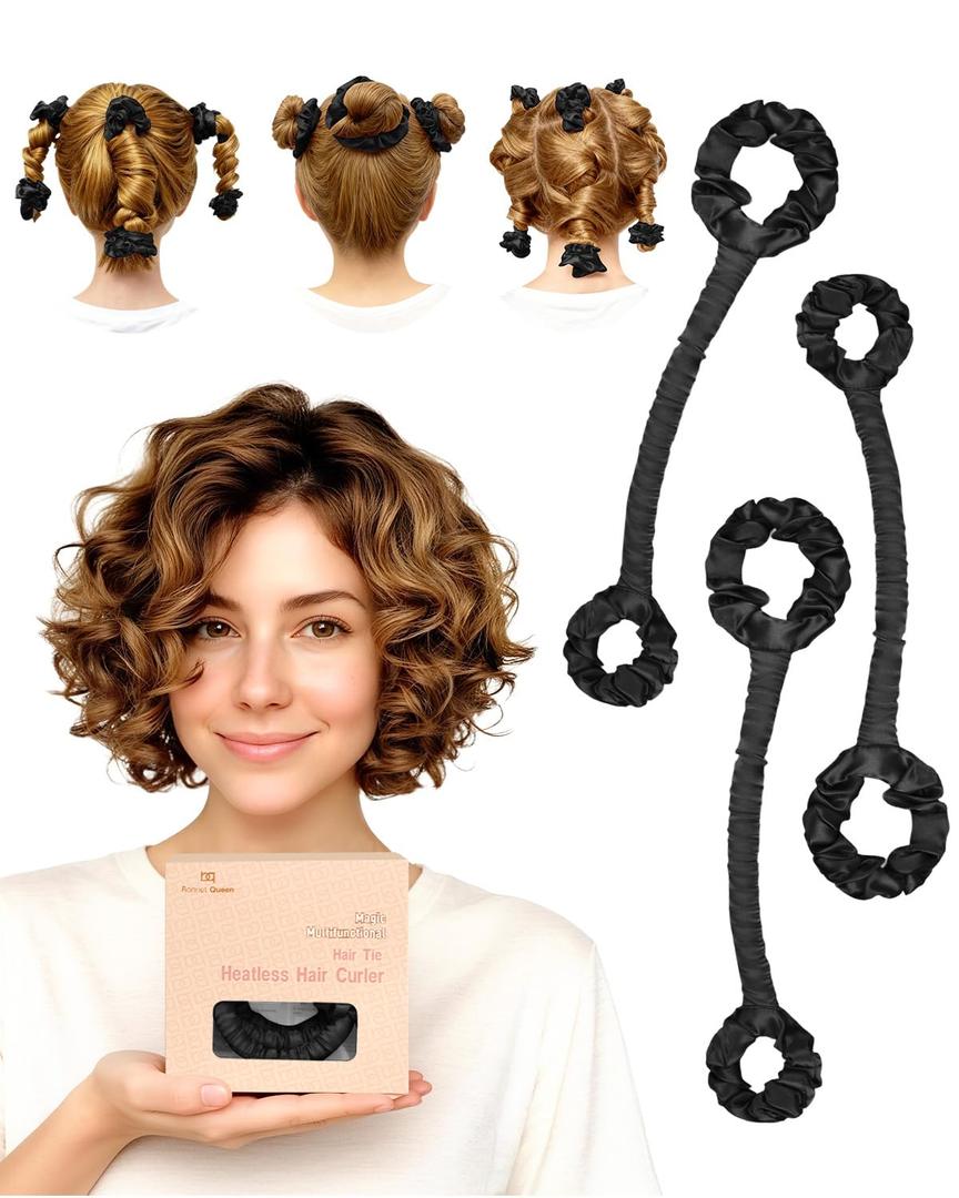 BONNET QUEEN 3 Pack Small Satin Heatless Hair Curler for Short Hair, Heatless Curls Overnight, Hair Curlers to Sleep In, Damage-Free Small Curls with Built-in Scrunchie, Black