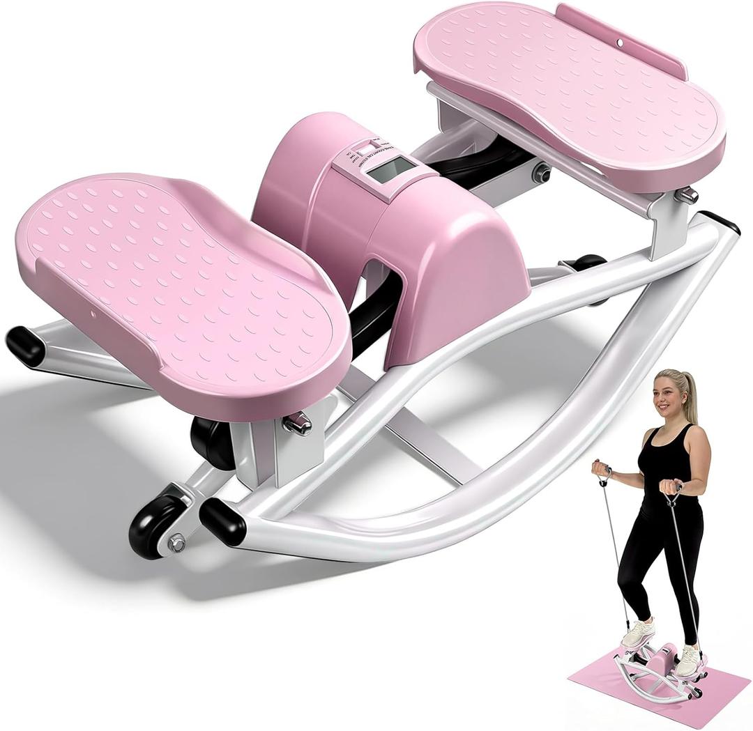 Rock Stepper Side to Side Low Impact Stair Stepper, Side Steppers for Exercise at Home with Resistance Bands & Non-Slip Mat  Exercise Step Balance Board Workout Equipment for Apartment & Living Room (Pink)