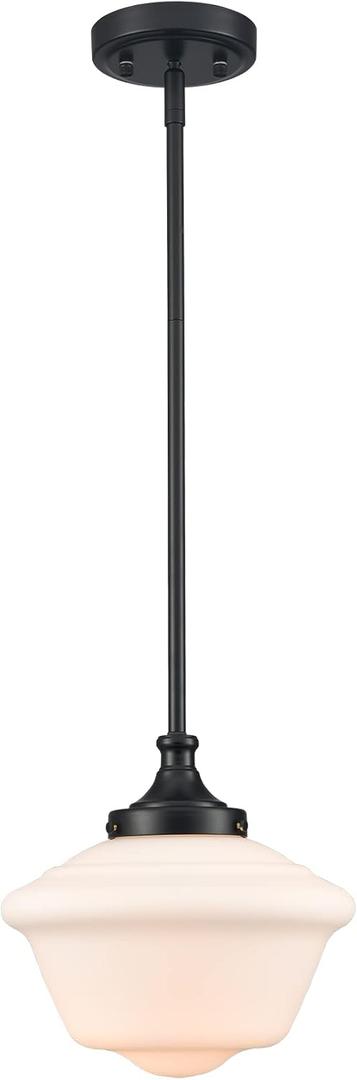 SAMTEEN 10-Inch Black Schoolhouse Pendant Light with White Glass Shade Schoolhouse Light Fixture Adjustable Height Modern Schoolhouse Pendant Lighting for Kitchen Island Dining Room Living Room
