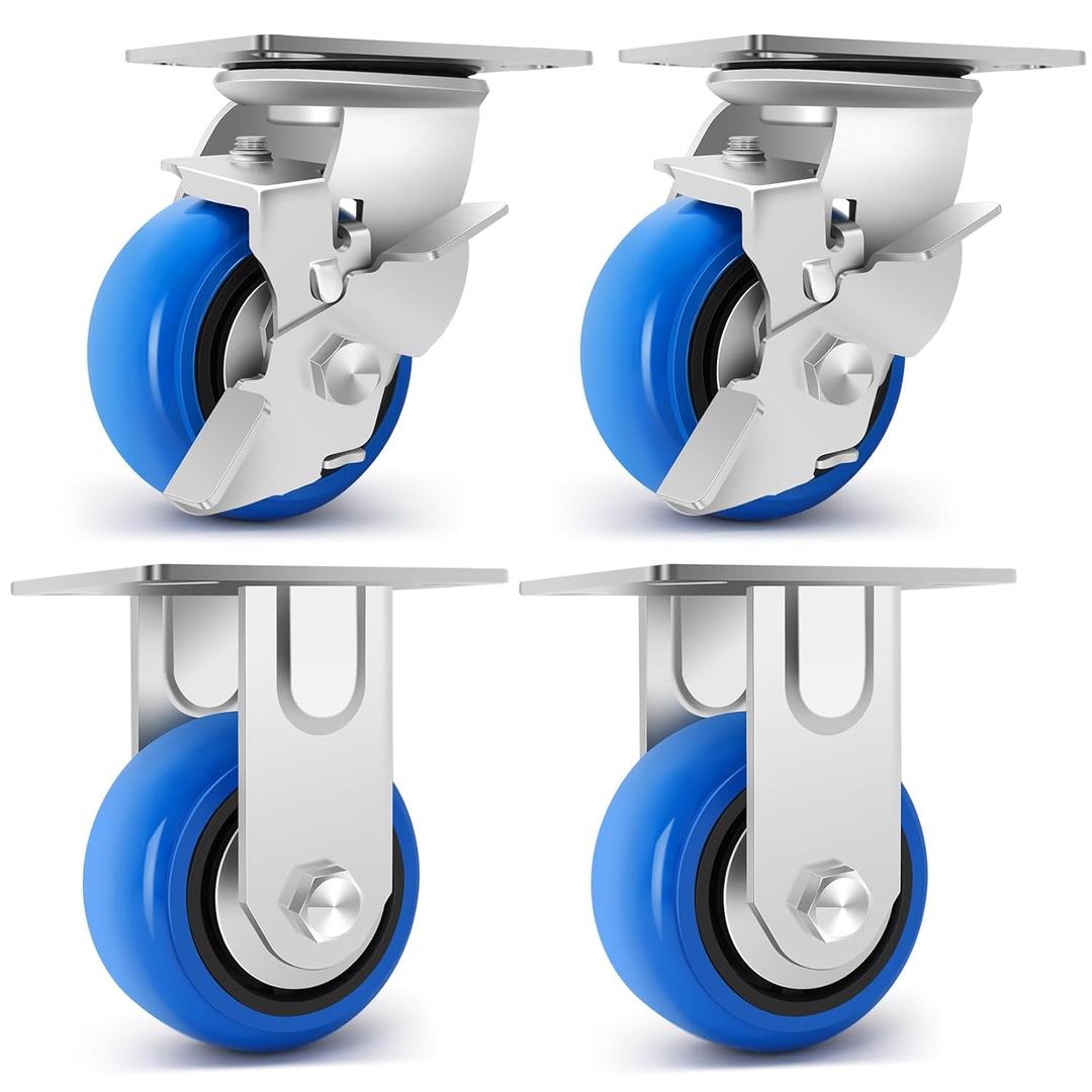 W B D WEIBIDA 4 Inch Heavy Duty Casters Set of 4, Smooth Rolling Caster Design for Cart Wheels, 2500 LBS Industrial Grade Castors with Upgraded Thickened Bracket, Durable Castors (2 Brake & 2 Rigid)
