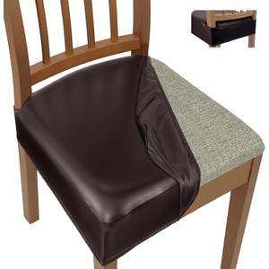 WENZMOC Waterproof Seat Covers for Dining Chairs PU Leather Dining Room Chair Covers Set of 6, Soft & Stretch Kitchen Chair Seat Slipcover Protector Removable Chair Cover (Dark Brown, Rear Cover)